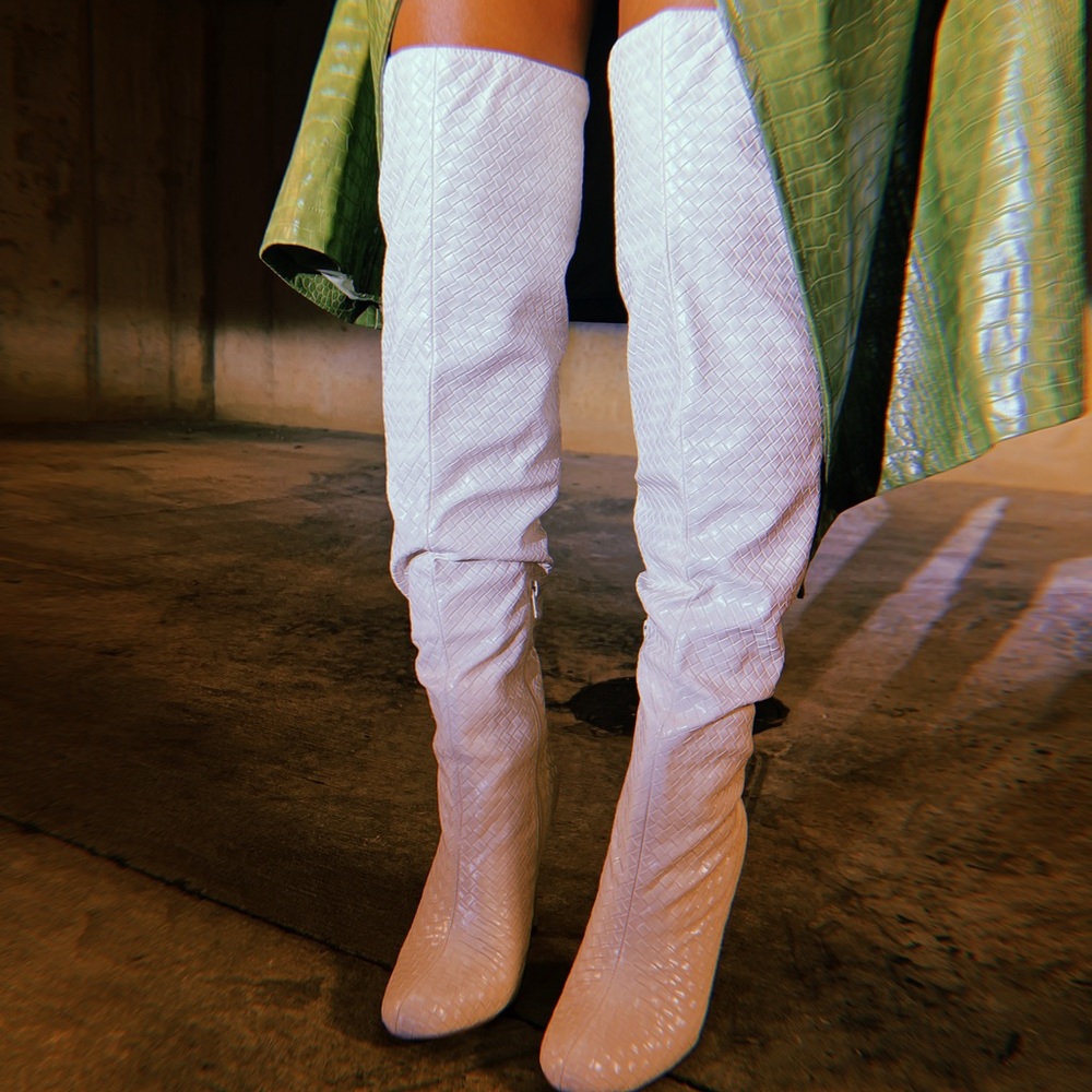 Off-white thigh high boot with woven detailed vegan leather and stilleto heel. - Picture 4 of 6